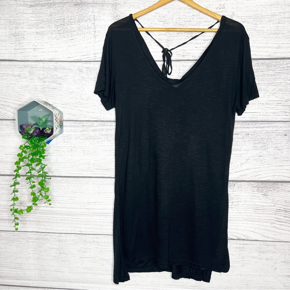 NWT LA CLASS Black V-Neck Short Sleeve Swim Cover-Up T-Shirt Dress Size Small